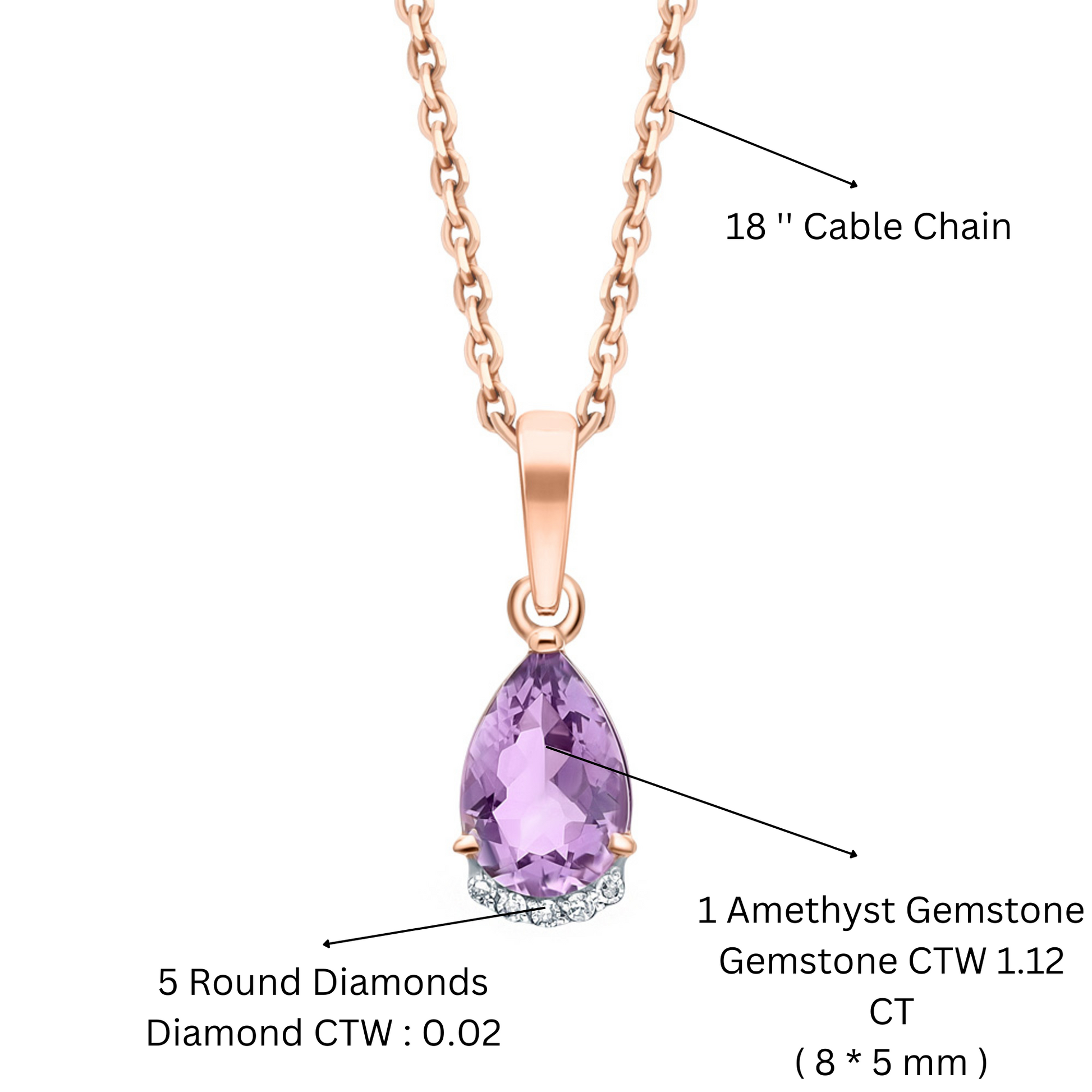 14K Gold Amethyst Teardrop Diamond Necklace,Pear Purple Amethyst Pendant. Cushionblue
