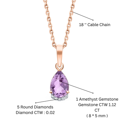 14K Gold Amethyst Teardrop Diamond Necklace,Pear Purple Amethyst Pendant. Cushionblue