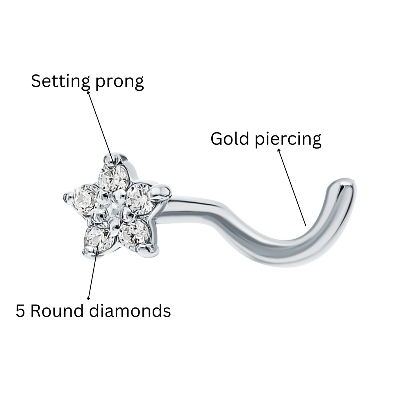 14K Gold Flower Nose Pin, Flower Shaped Diamond Nose Piercing Genuine Diamond Nose Stud. Cushionblue