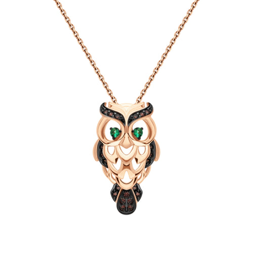 14k Rose Gold Lucky Owl Pendant,Owl Pendant Reddish Black Diamond & Emerald. Cushionblue