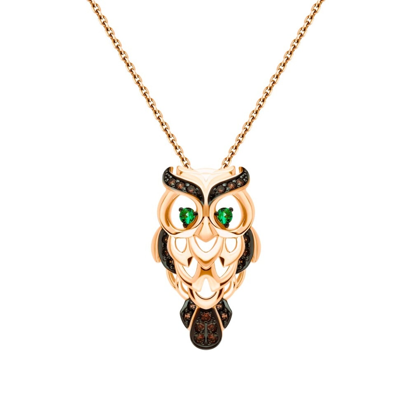 14k Rose Gold Lucky Owl Pendant,Owl Pendant Reddish Black Diamond & Emerald. Cushionblue
