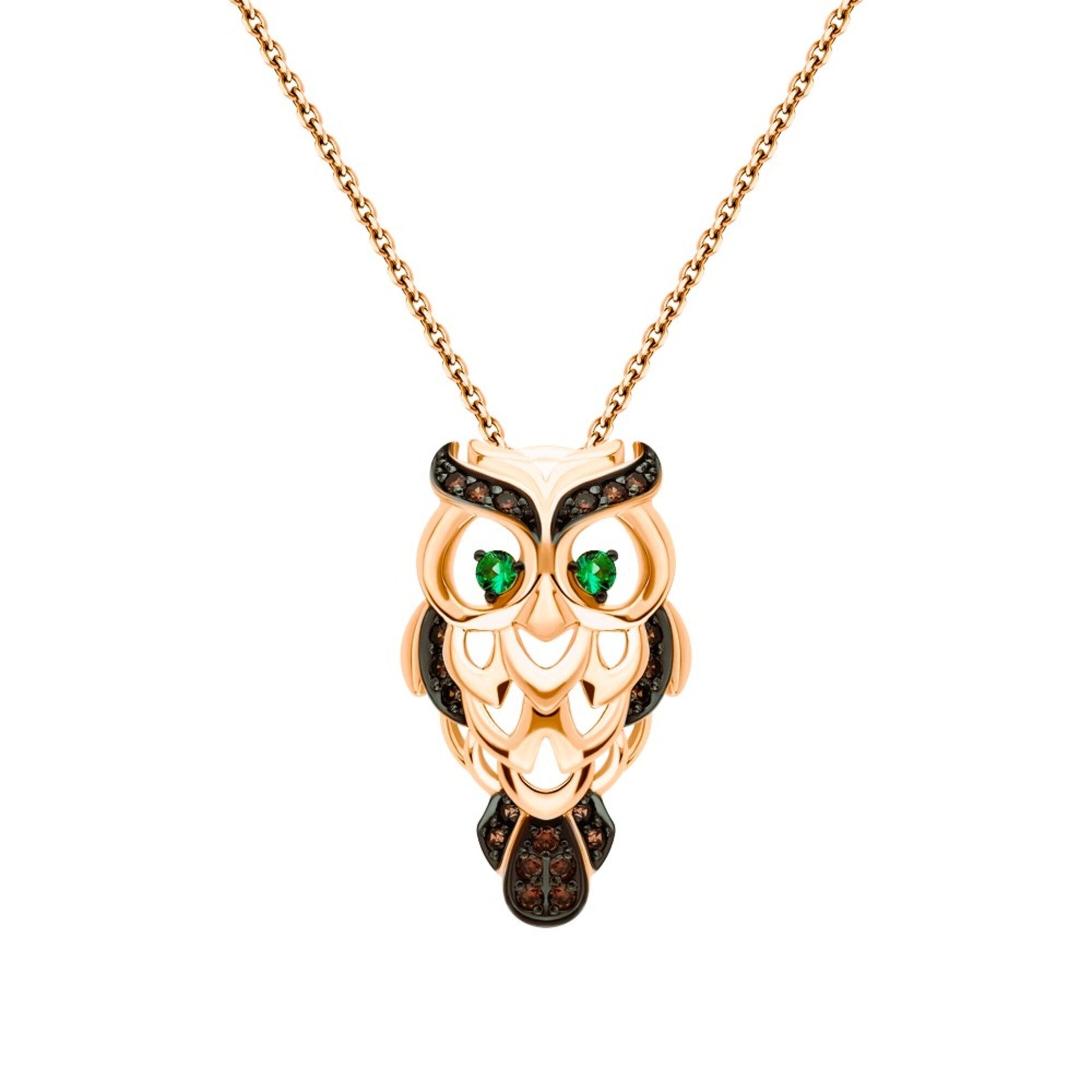 14k Rose Gold Lucky Owl Pendant,Owl Pendant Reddish Black Diamond & Emerald. Cushionblue