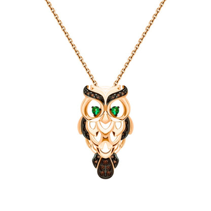 14k Rose Gold Lucky Owl Pendant,Owl Pendant Reddish Black Diamond & Emerald. Cushionblue