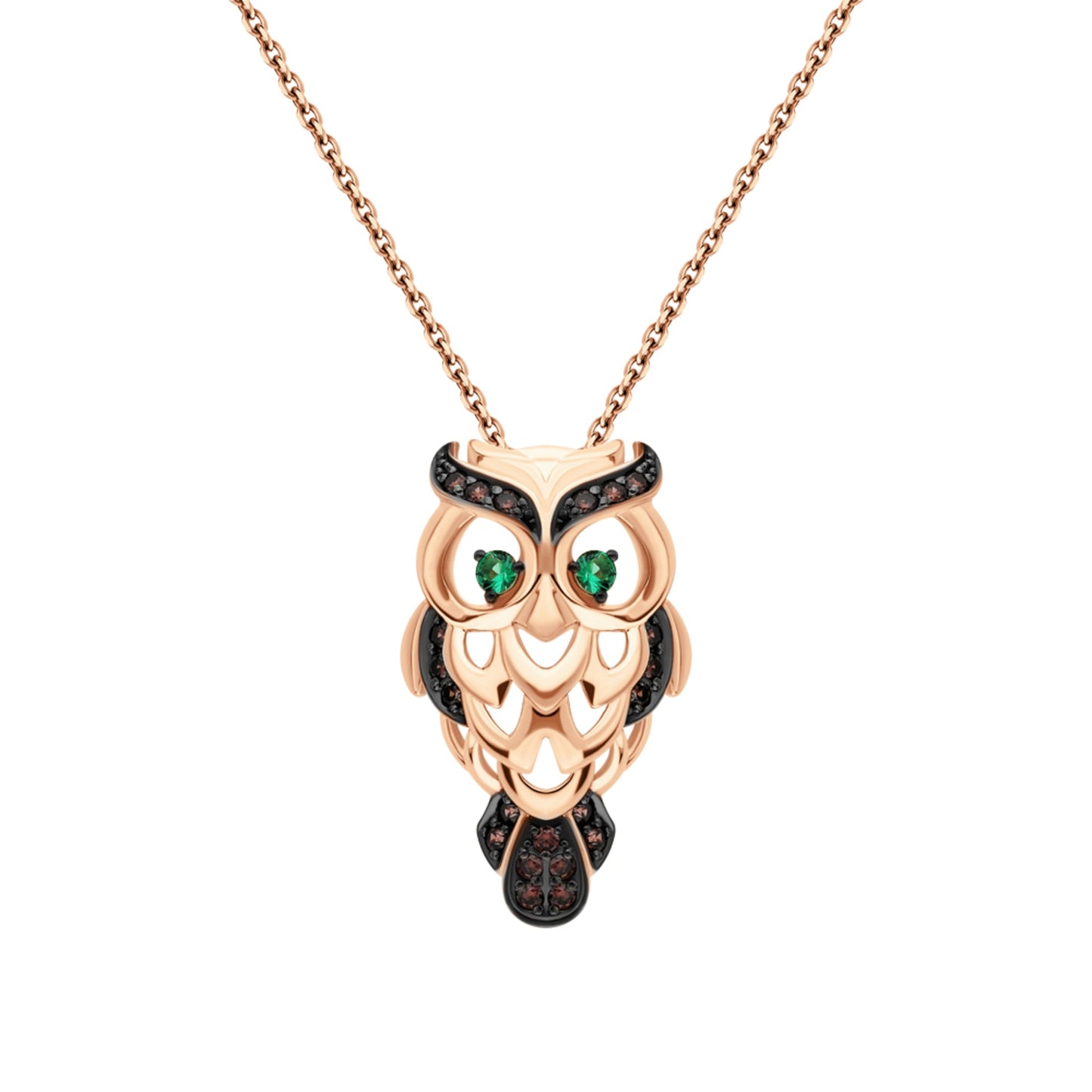 14k Rose Gold Lucky Owl Pendant,Owl Pendant Reddish Black Diamond & Emerald. Cushionblue