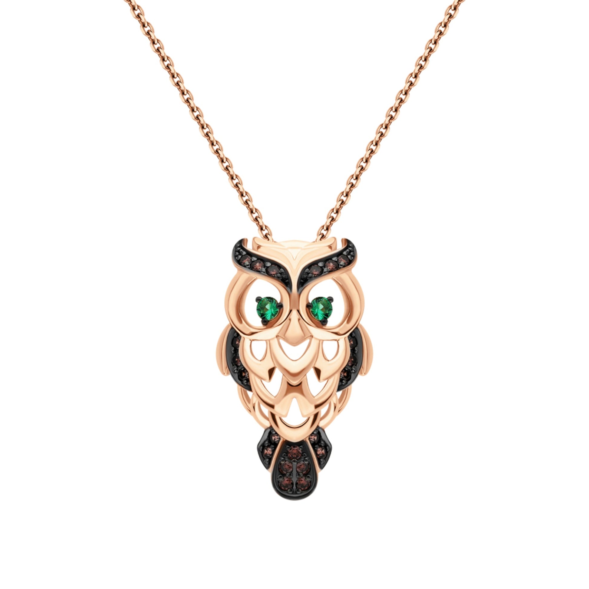 14k Rose Gold Lucky Owl Pendant,Owl Pendant Reddish Black Diamond & Emerald. Cushionblue