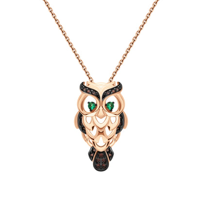 14k Rose Gold Lucky Owl Pendant,Owl Pendant Reddish Black Diamond & Emerald. Cushionblue