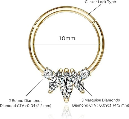 14k Solid Gold 0.09ct Marquise/ 0.04ct Round Diamond Cluster Clicker Huggie Hoop. Cushionblue
