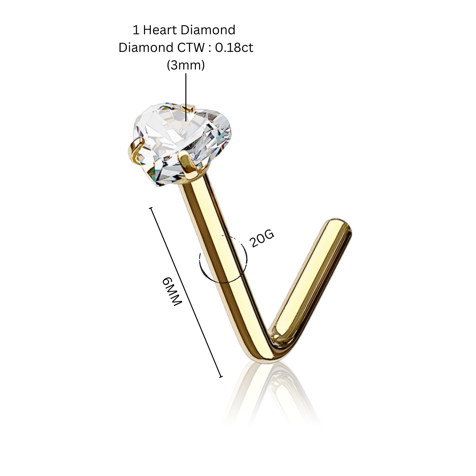 14K Solid Gold Lust Heart Nose Stud/L Shape Nose Heart Ring (0.18ct) Nose Stud Piercing. Cushionblue
