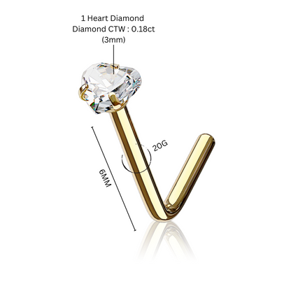 14K Solid Gold Lust Heart Nose Stud/L Shape Nose Heart Ring (0.18ct) Nose Stud Piercing. Cushionblue