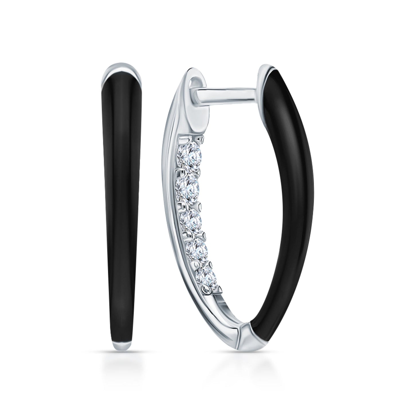 14k Gold V-Shaped Diamond Hoop Earring with Black Enamel | Fashionable Inner Diamond Hoop | Women’s Jewelry Gift for Wife. Cushionblue