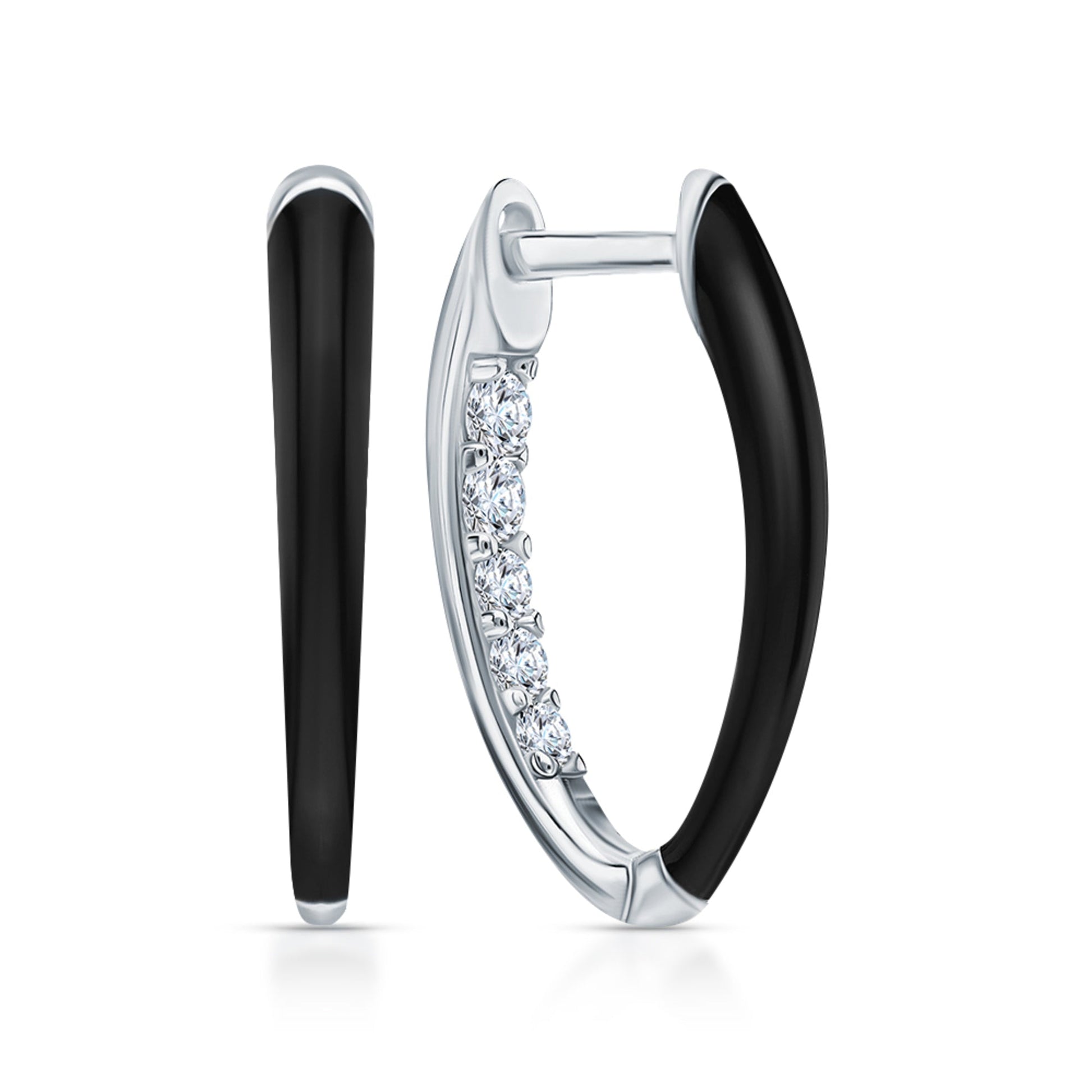 14k Gold V-Shaped Diamond Hoop Earring with Black Enamel | Fashionable Inner Diamond Hoop | Women’s Jewelry Gift for Wife. Cushionblue