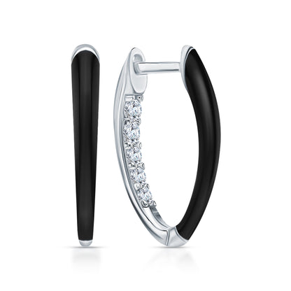 14k Gold V-Shaped Diamond Hoop Earring with Black Enamel | Fashionable Inner Diamond Hoop | Women’s Jewelry Gift for Wife. Cushionblue