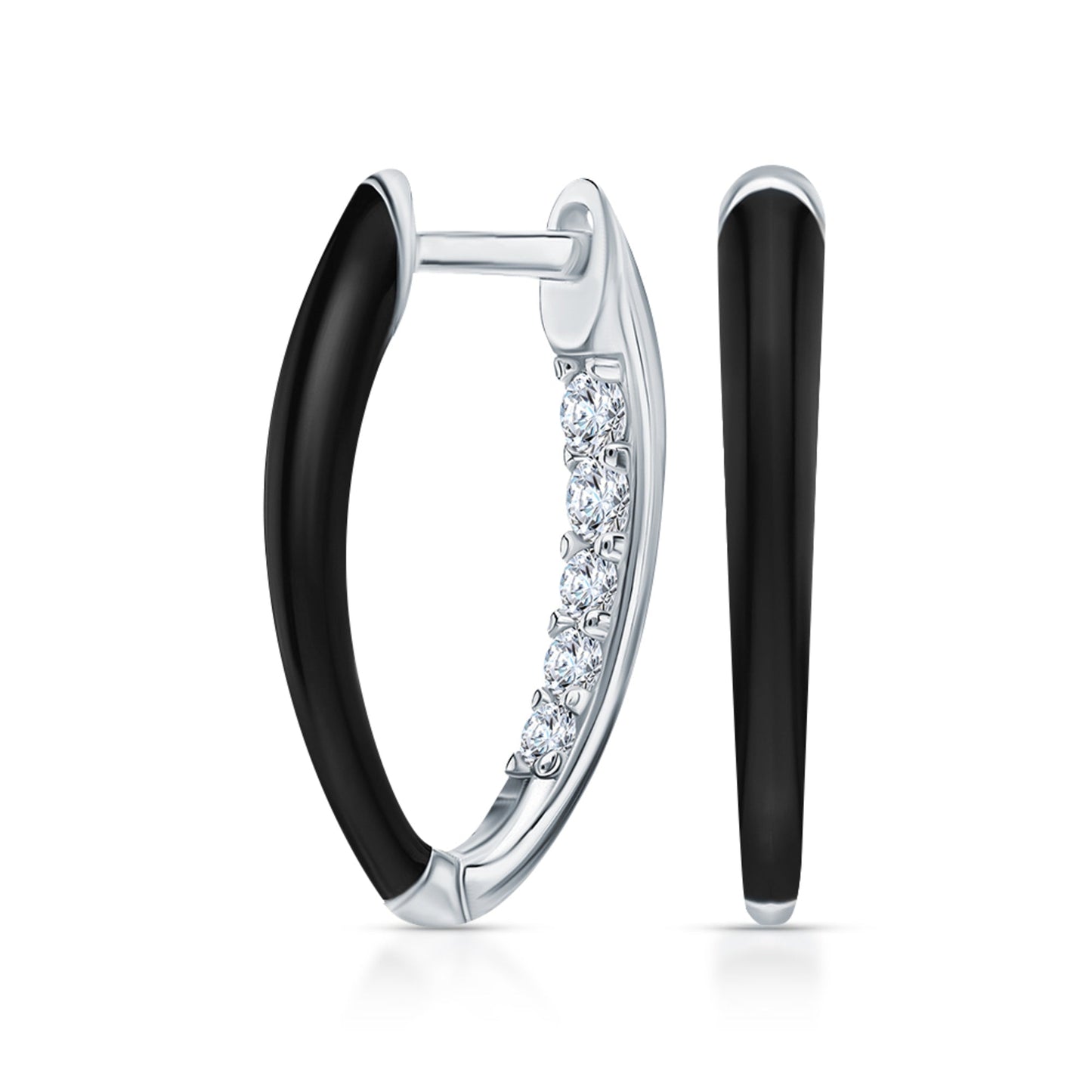 14k Gold V-Shaped Diamond Hoop Earring with Black Enamel | Fashionable Inner Diamond Hoop | Women’s Jewelry Gift for Wife. Cushionblue