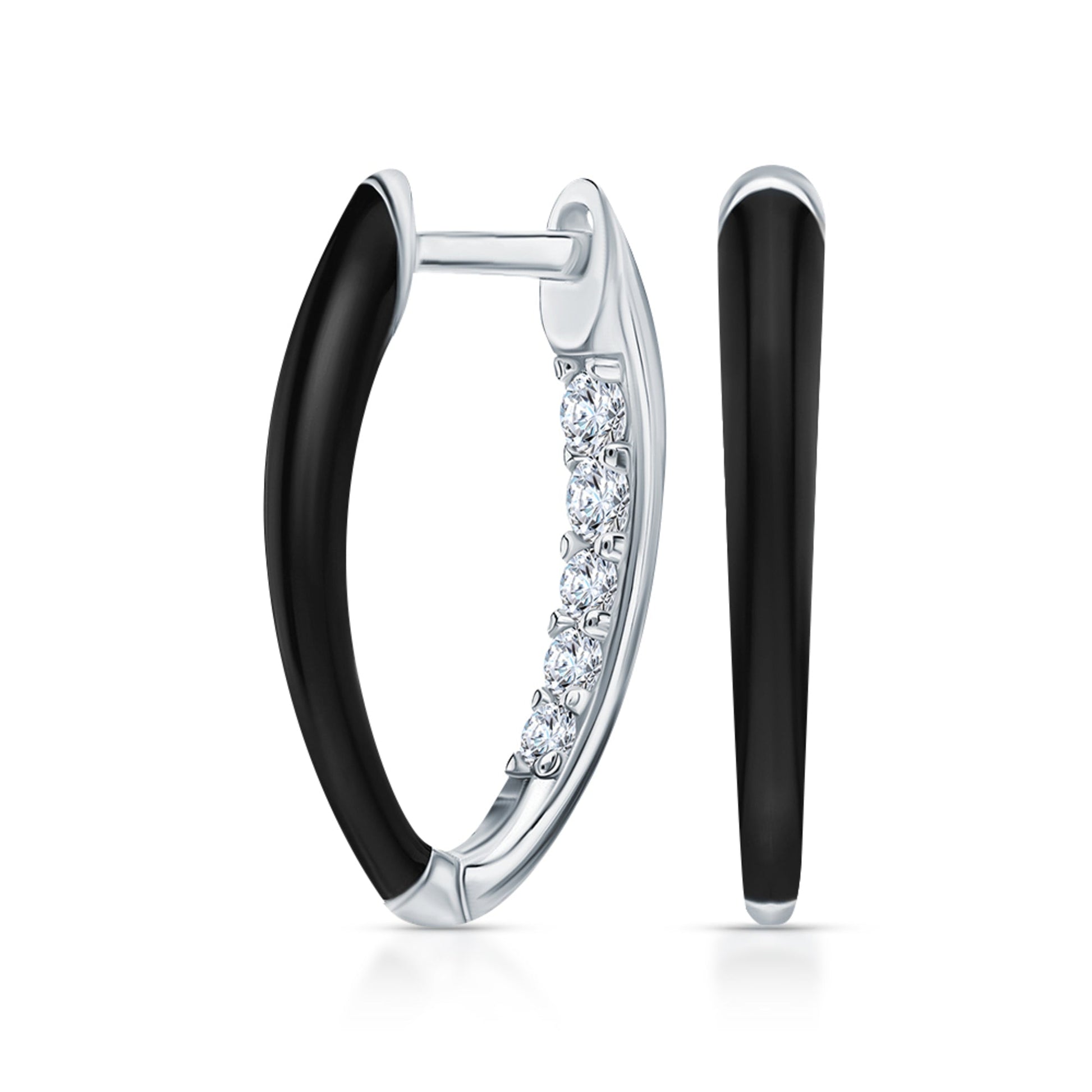 14k Gold V-Shaped Diamond Hoop Earring with Black Enamel | Fashionable Inner Diamond Hoop | Women’s Jewelry Gift for Wife. Cushionblue