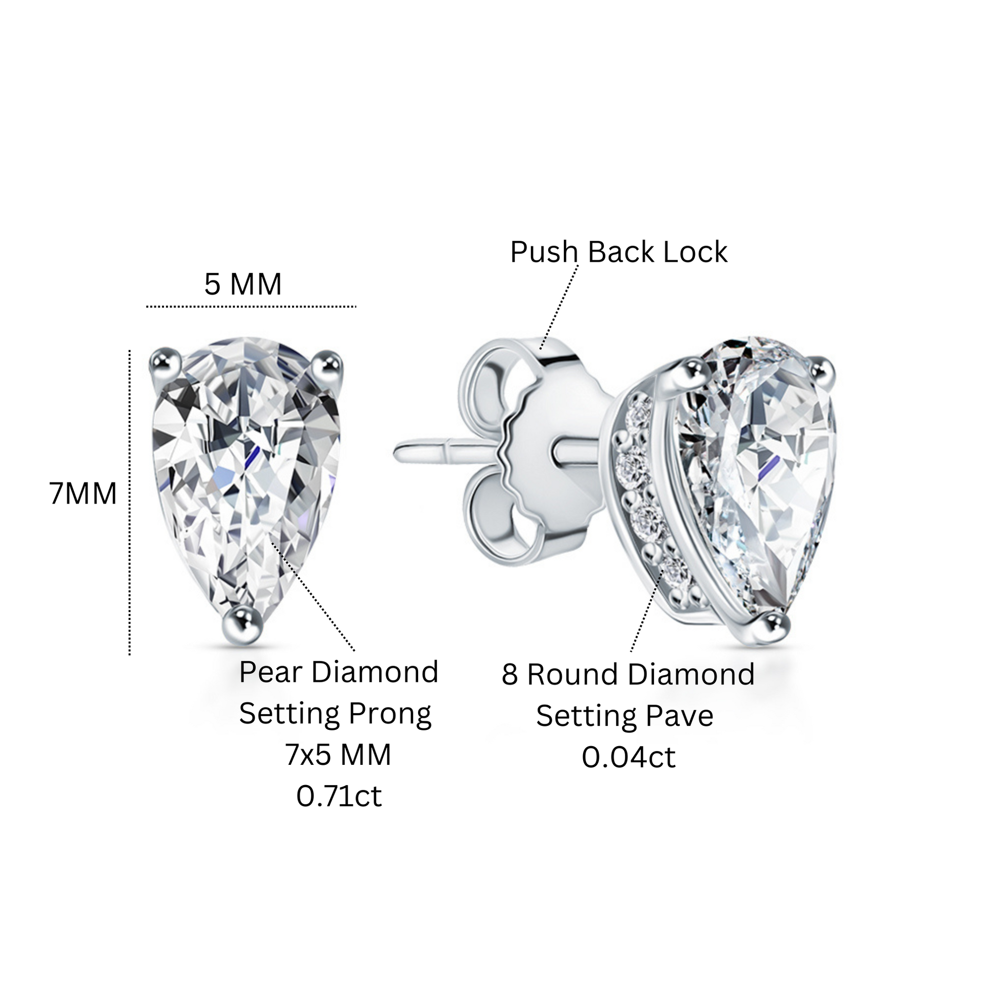 14K White Gold Pear Shaped Diamond Stud Earrings. Cushionblue
