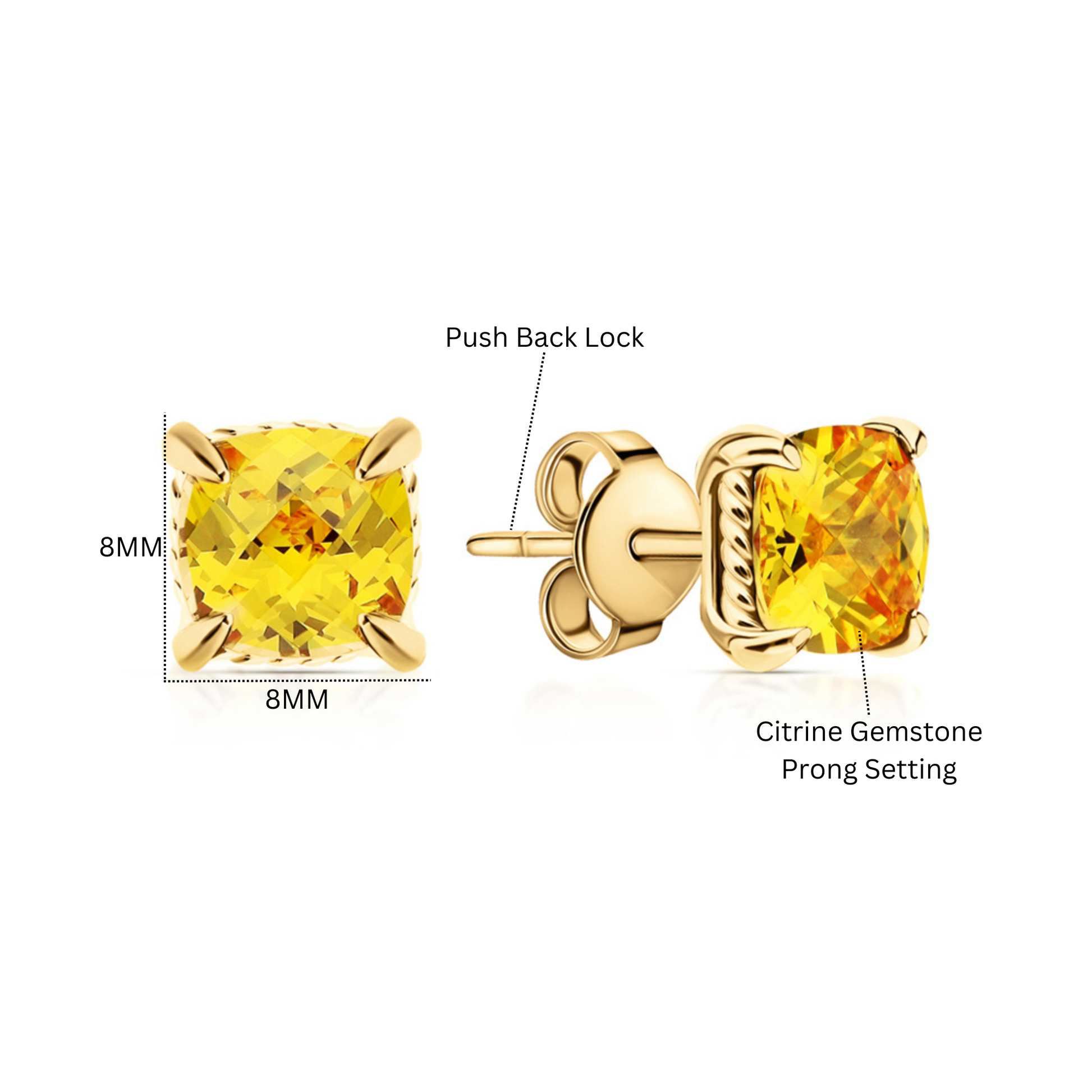 Cushion Cut Citrine Stud Earrings, Yellow Citrine Earrings, Cushion Gemstone Studs. Cushionblue