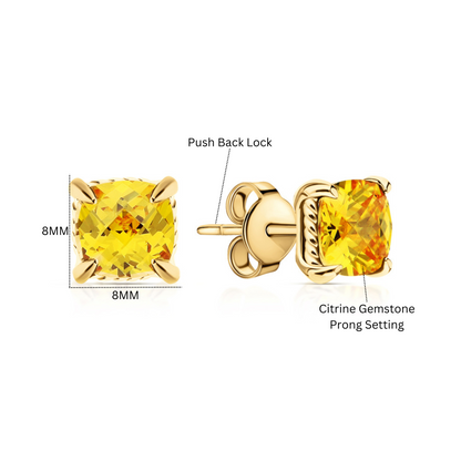Cushion Cut Citrine Stud Earrings, Yellow Citrine Earrings, Cushion Gemstone Studs. Cushionblue
