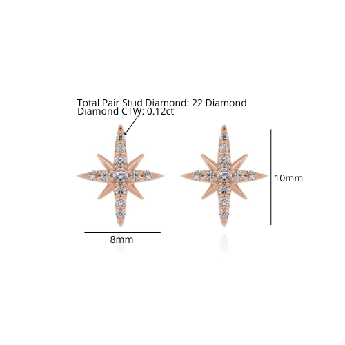 14k Gold Diamond Star Earring,Tiny Celestial North Stud,Cartilage North Star Piercing. Cushionblue