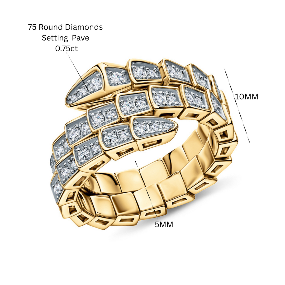 14K Gold Snake Wrap Ring | Adjustable Serpent Ring with Diamond Accents | Flexible Gold Snake Band Inspired Ring | Luxury Gift for Her. Cushionblue