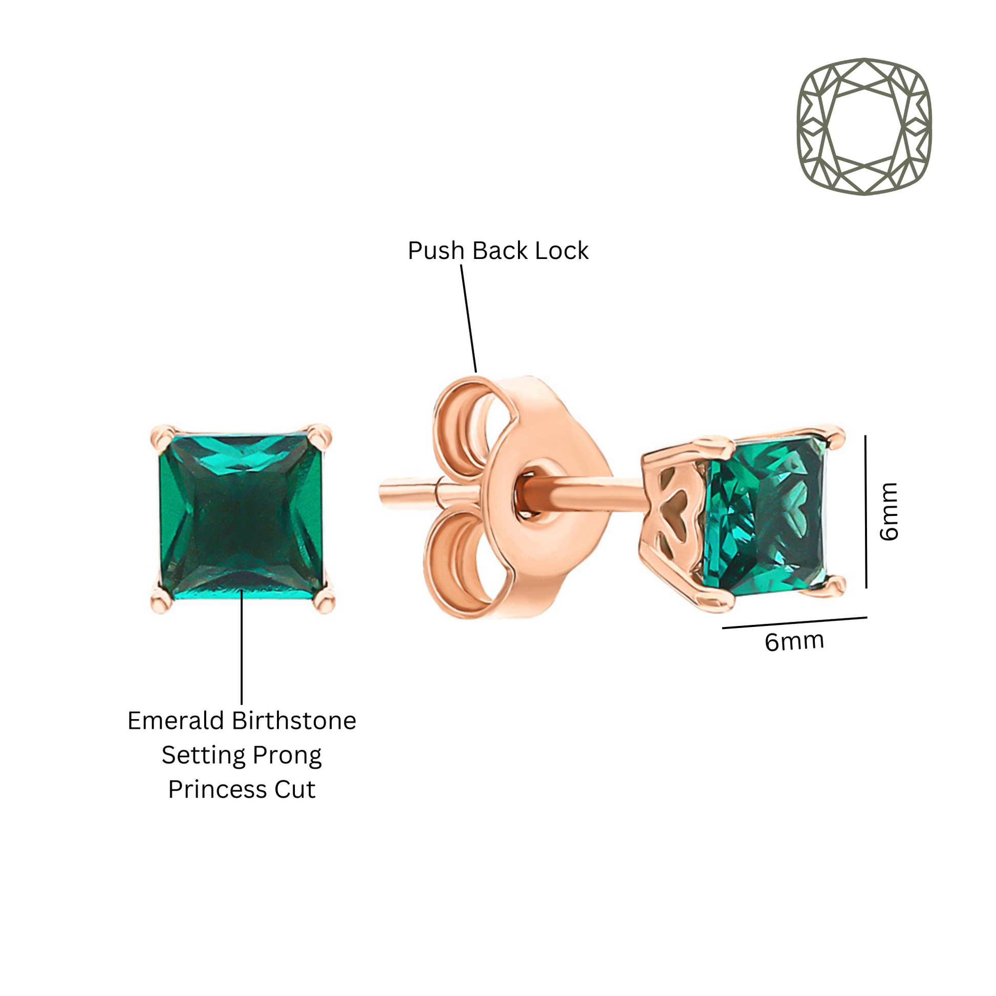 14K Solid Gold Emerald Square Cut Earrings. Cushionblue