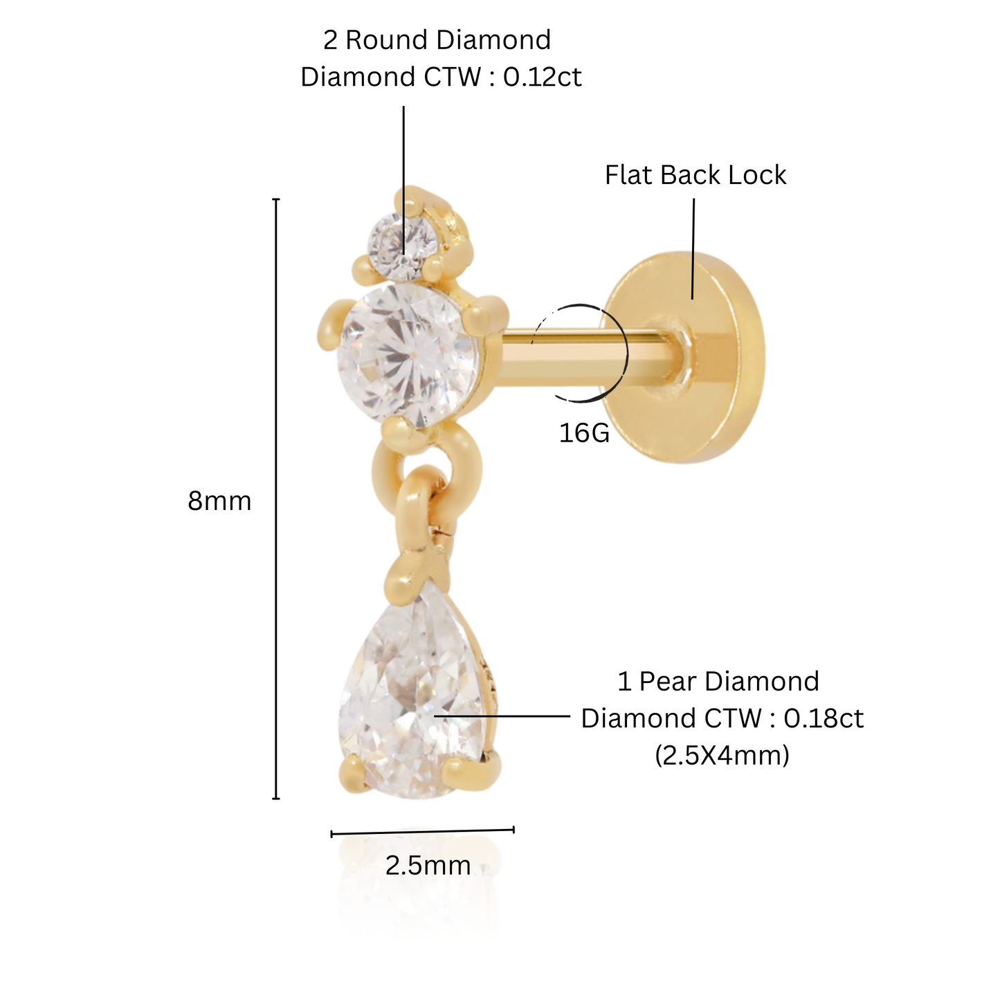 14K Solid Gold Drop Pear Diamond Piercing (0.30ct) Minimalist Earring. Cushionblue