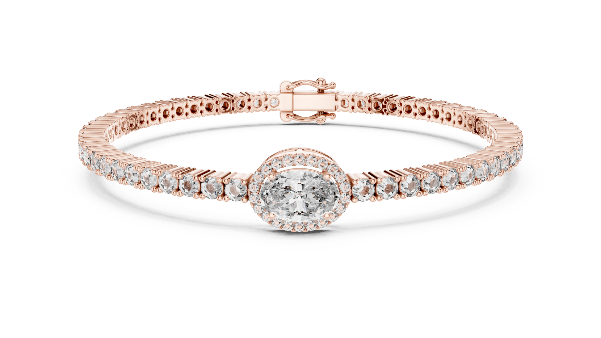 Rose Gold Oval Halo Diamond Tennis Bracelet