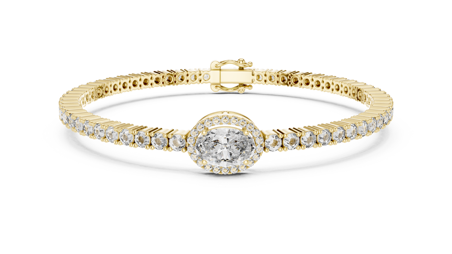 14K Gold Oval Halo Diamond Tennis Bracelet