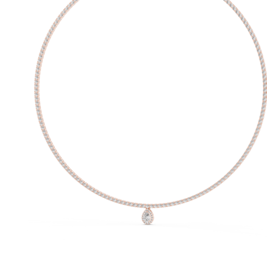 14K Gold Diamond Tennis Necklace with Pear-Shaped Pendant