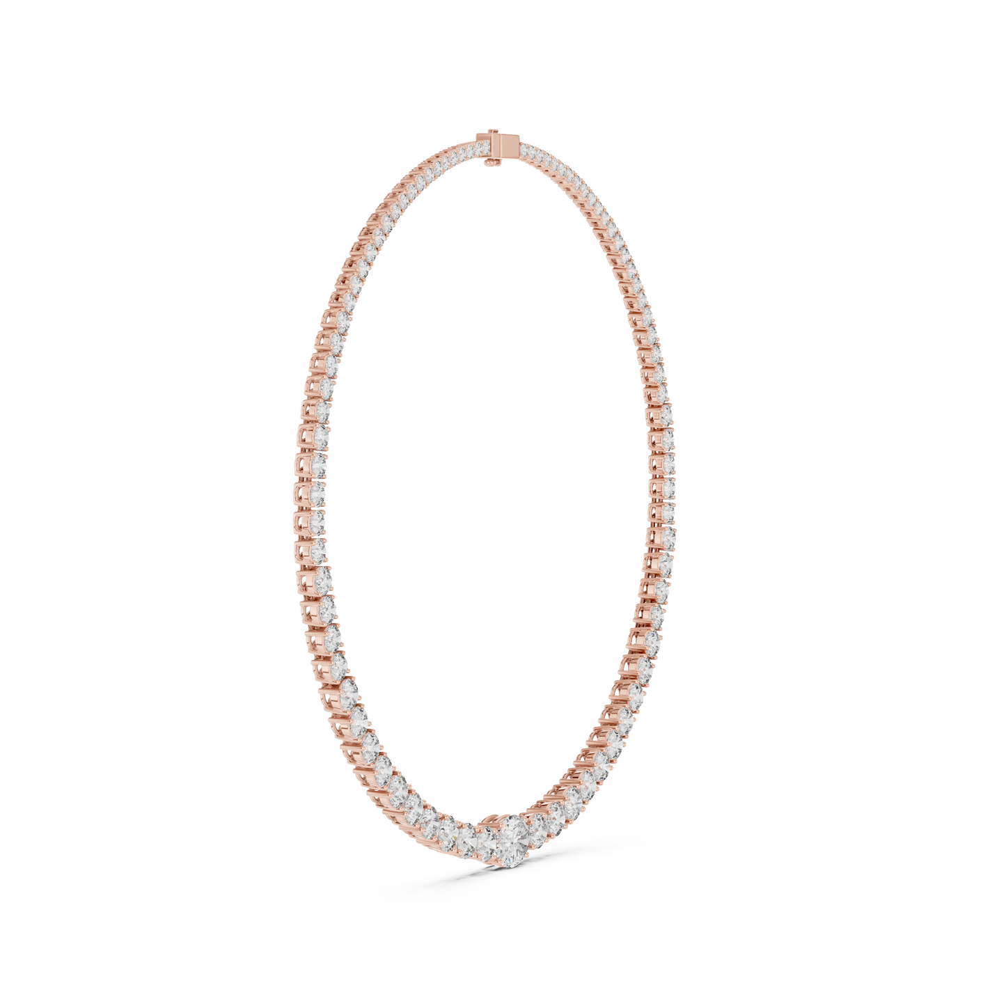 Rose gold tennis necklace featuring a continuous row of round brilliant diamonds in a classic luxury jewelry design.