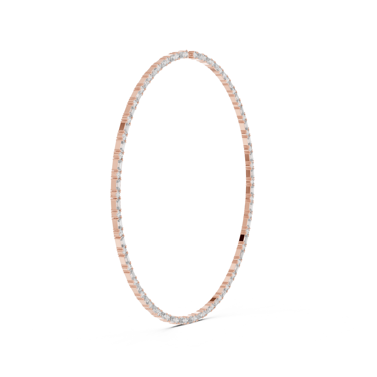 Rose gold tennis necklace featuring alternating emerald-cut and round brilliant diamonds in a sleek luxury jewelry design.