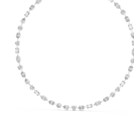 14K gold diamond necklace featuring oval, round, pear, heart, and emerald-cut diamonds in an elegant luxury statement design.
