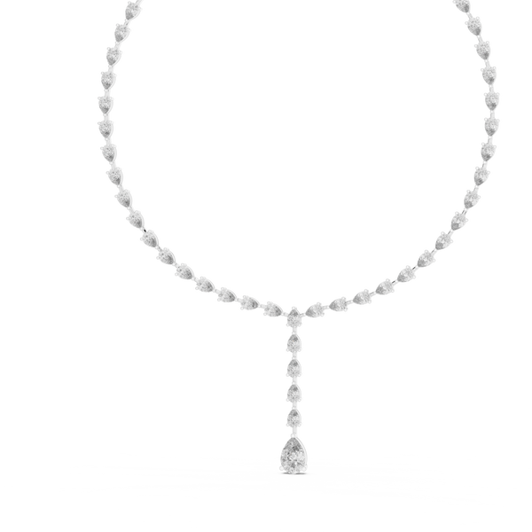 White gold diamond drop necklace featuring round brilliant diamonds and an oval-cut solitaire pendant in an elegant tennis necklace design.