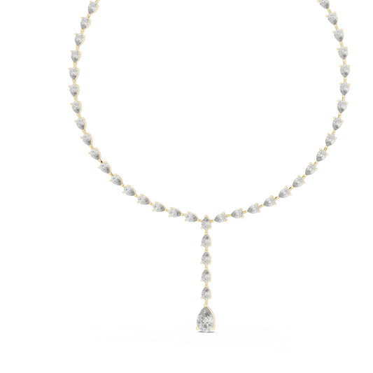 14K gold diamond drop necklace featuring round brilliant diamonds and an oval-cut solitaire pendant in an elegant tennis necklace design.
