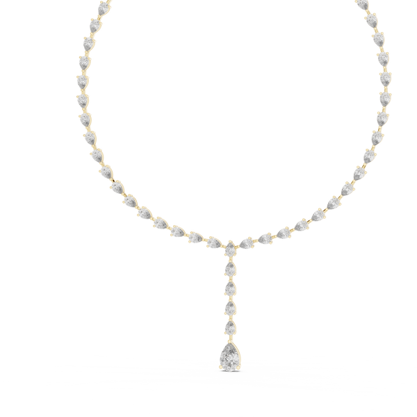 14K gold diamond drop necklace featuring round brilliant diamonds and an oval-cut solitaire pendant in an elegant tennis necklace design.