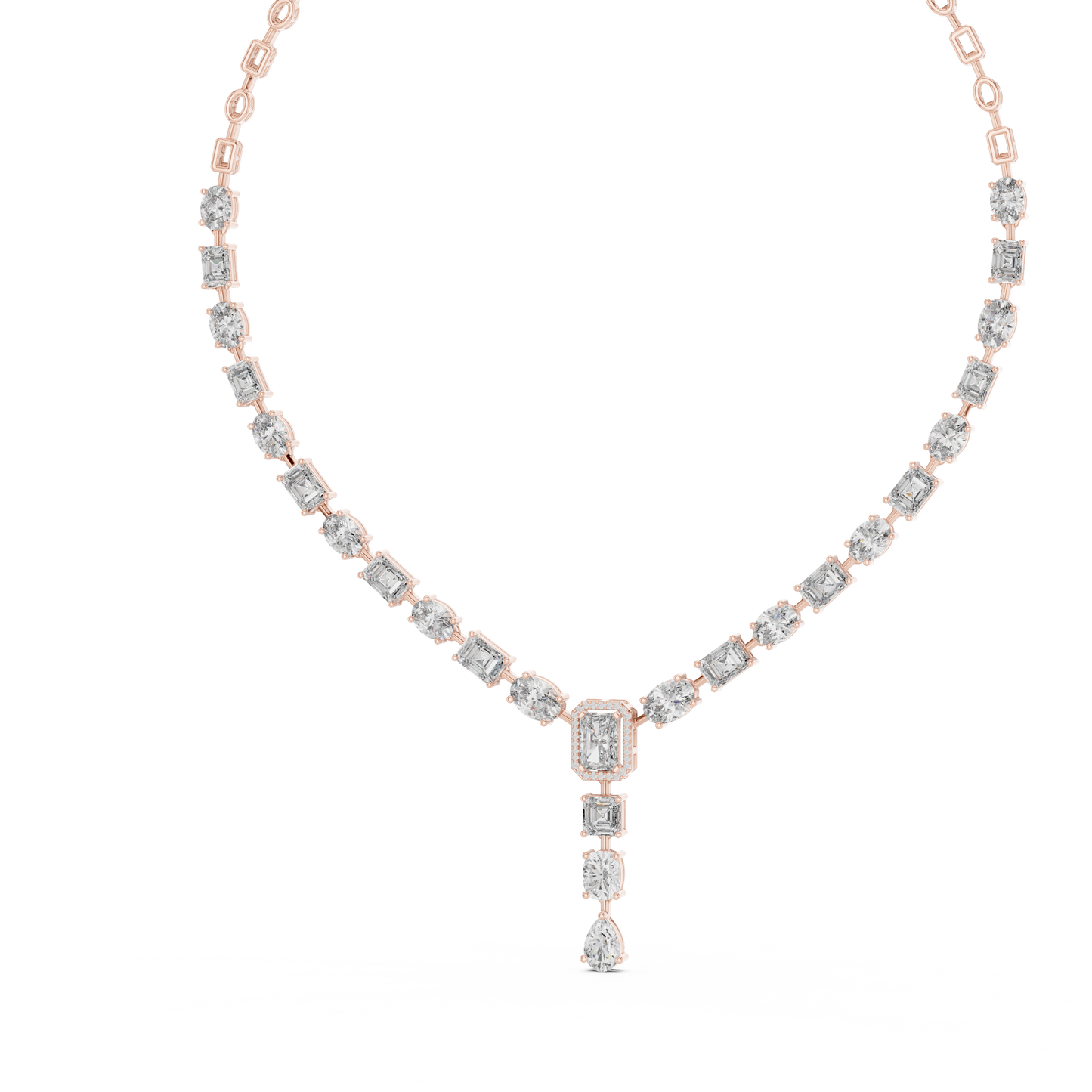 Rose gold diamond drop necklace featuring emerald-cut, oval-cut, and pear-cut diamonds in an elegant halo pendant design.