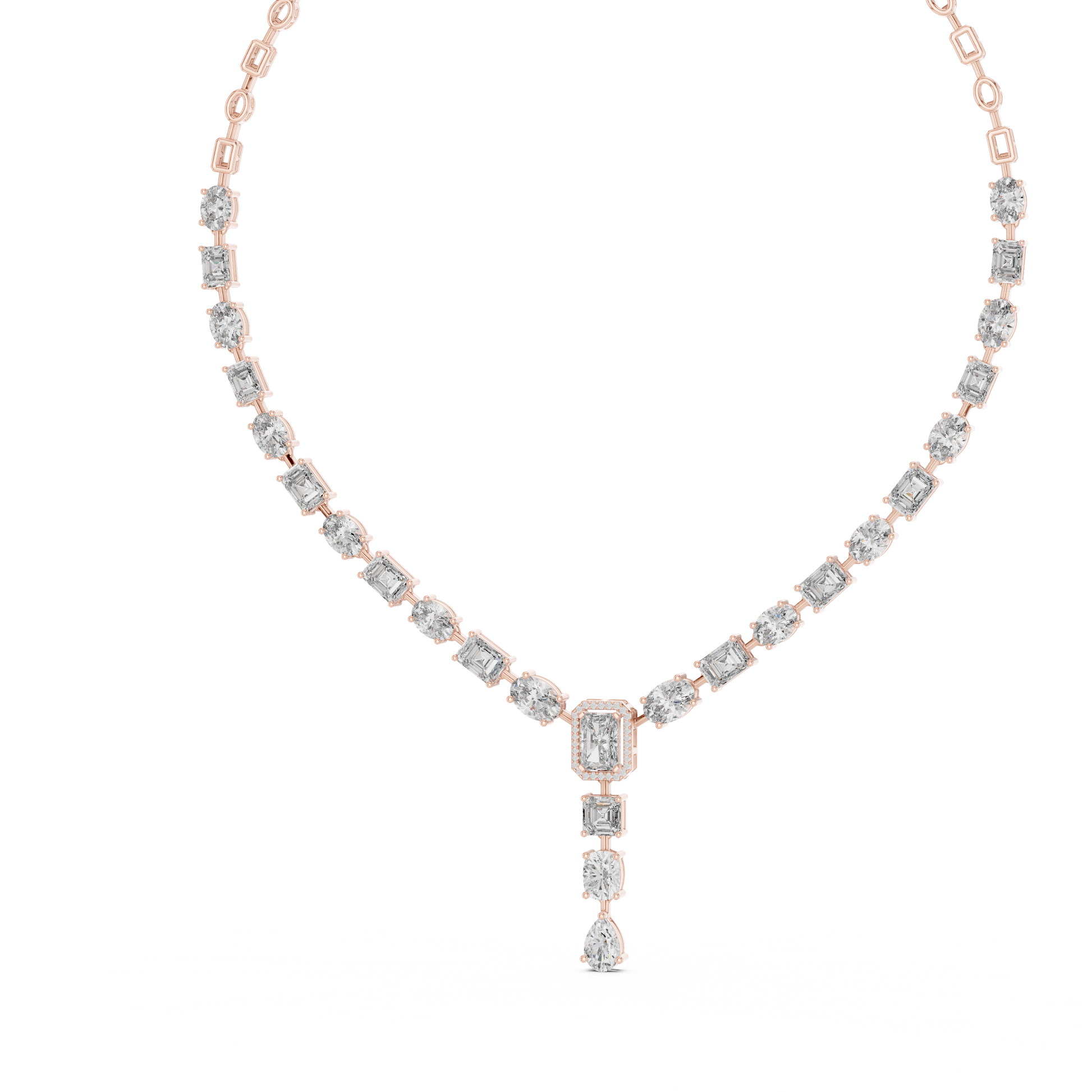 Rose gold diamond drop necklace featuring emerald-cut, oval-cut, and pear-cut diamonds in an elegant halo pendant design.