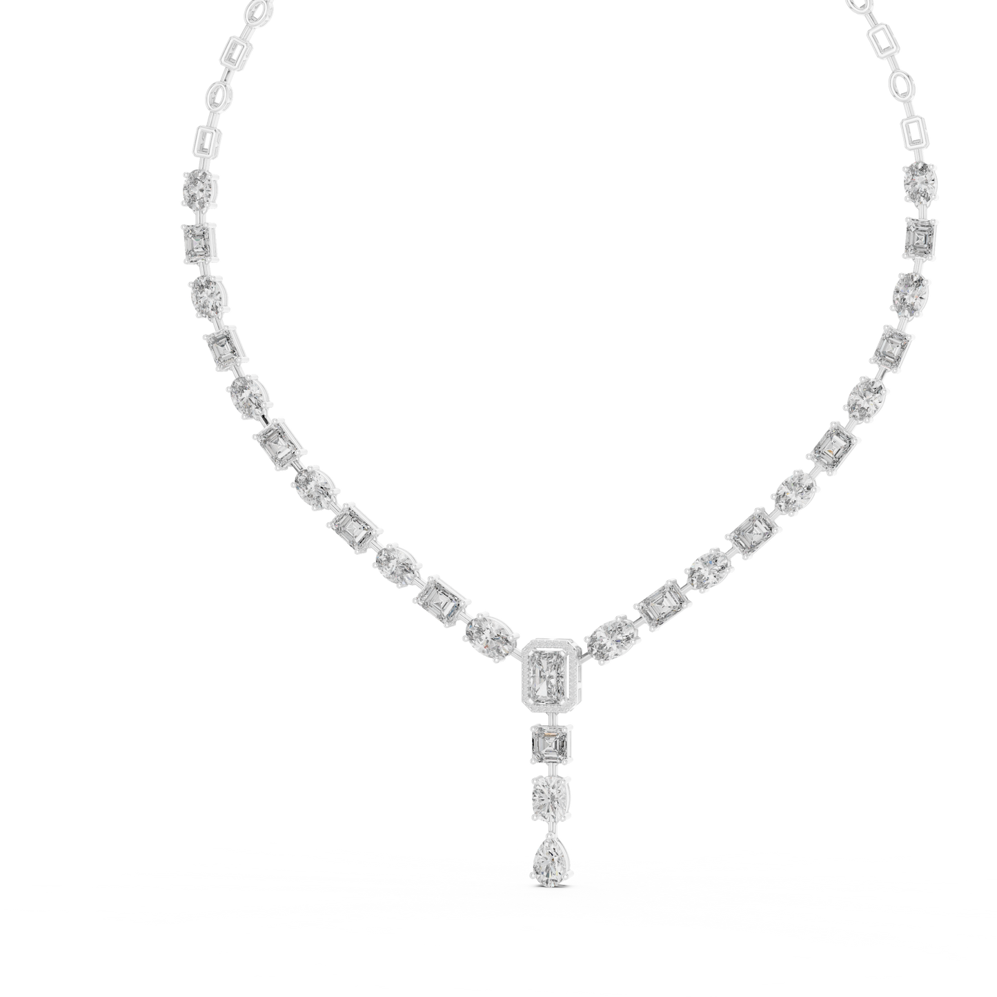 White gold diamond drop necklace featuring emerald-cut, oval-cut, and pear-cut diamonds in an elegant halo pendant design.