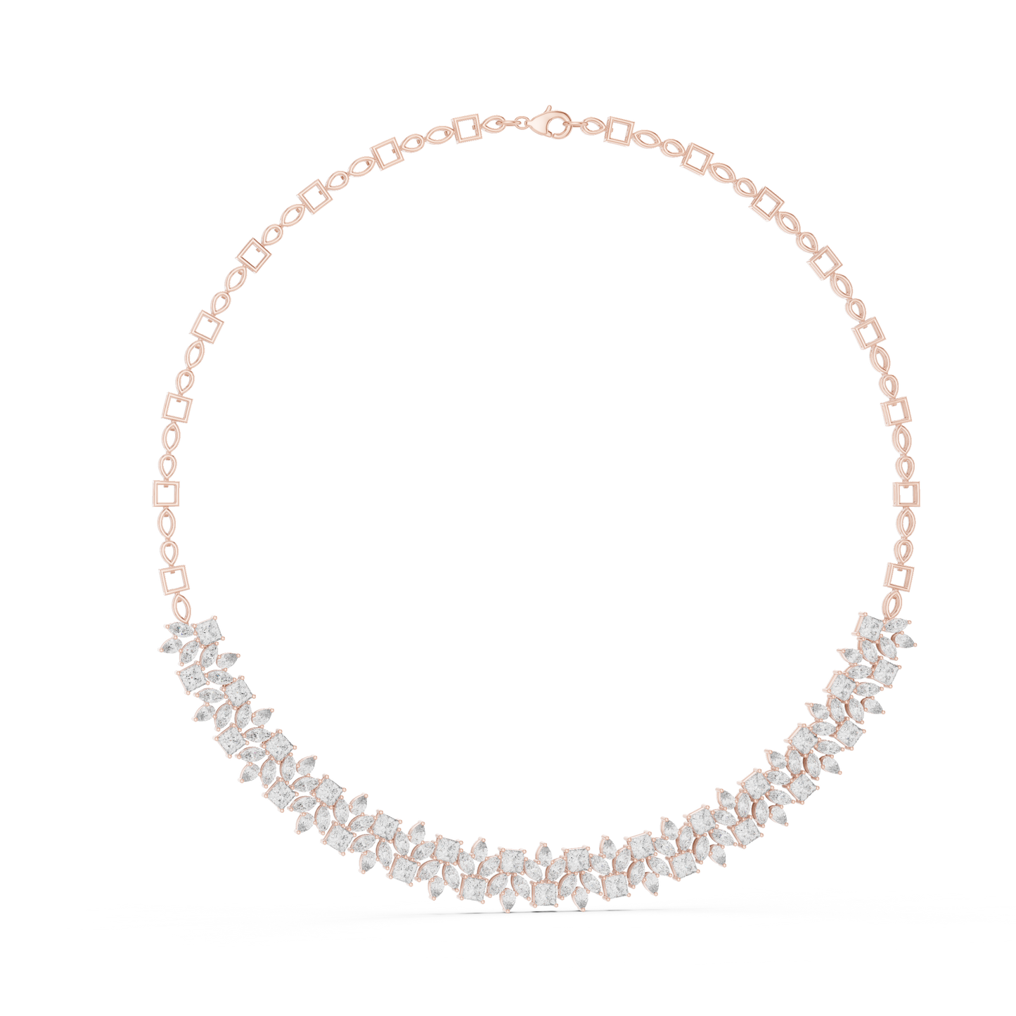 Rose gold diamond necklace featuring marquise and princess-cut stones in an elegant floral-inspired design.