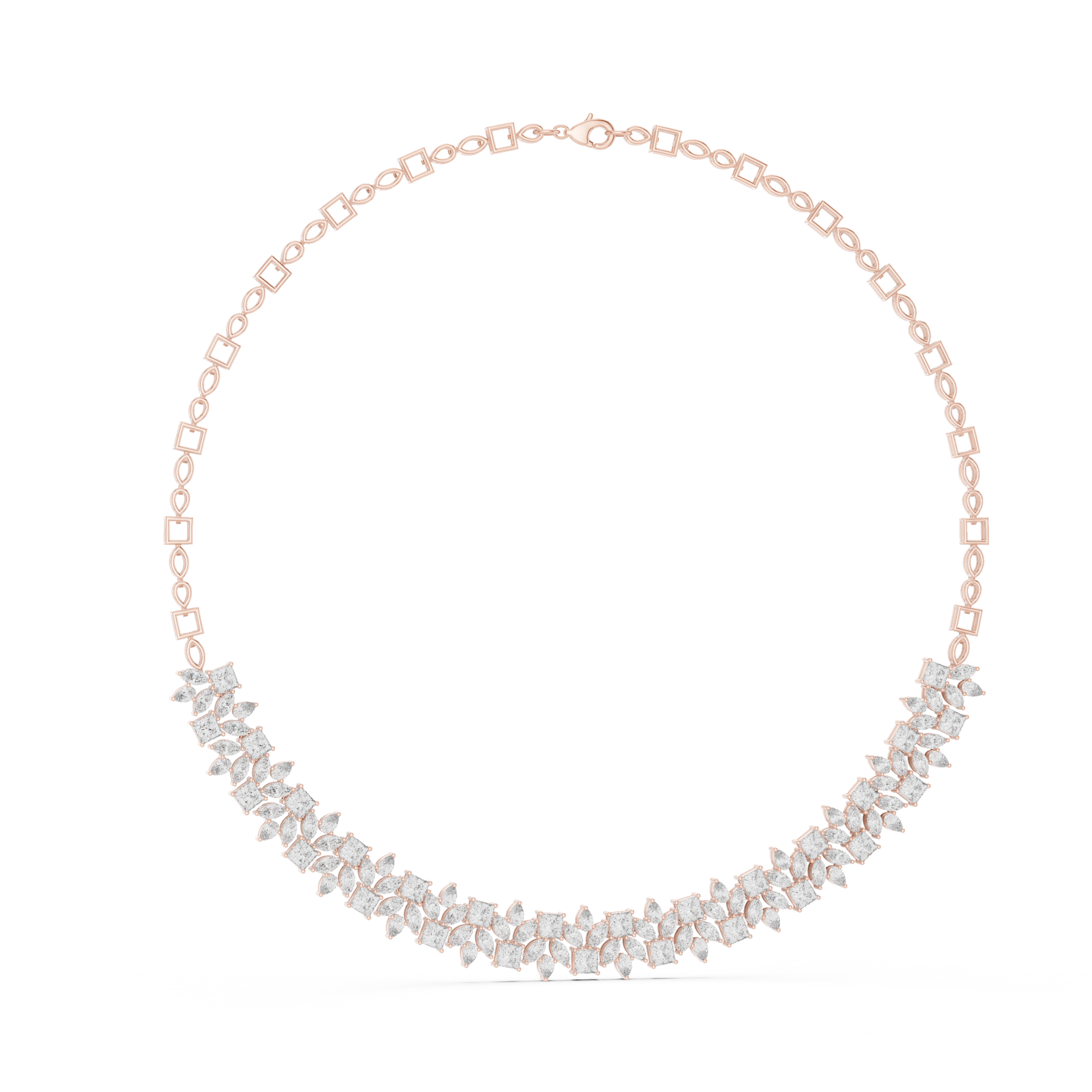 Rose gold diamond necklace featuring marquise and princess-cut stones in an elegant floral-inspired design.