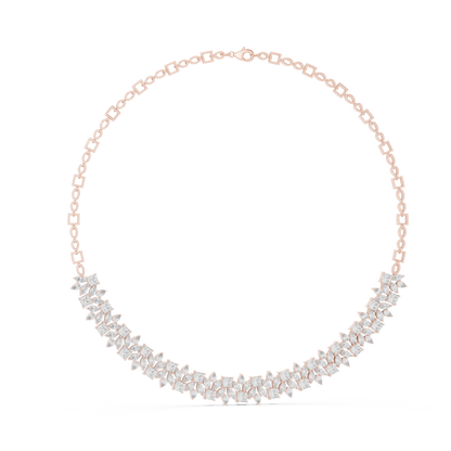 Rose gold diamond necklace featuring marquise and princess-cut stones in an elegant floral-inspired design.