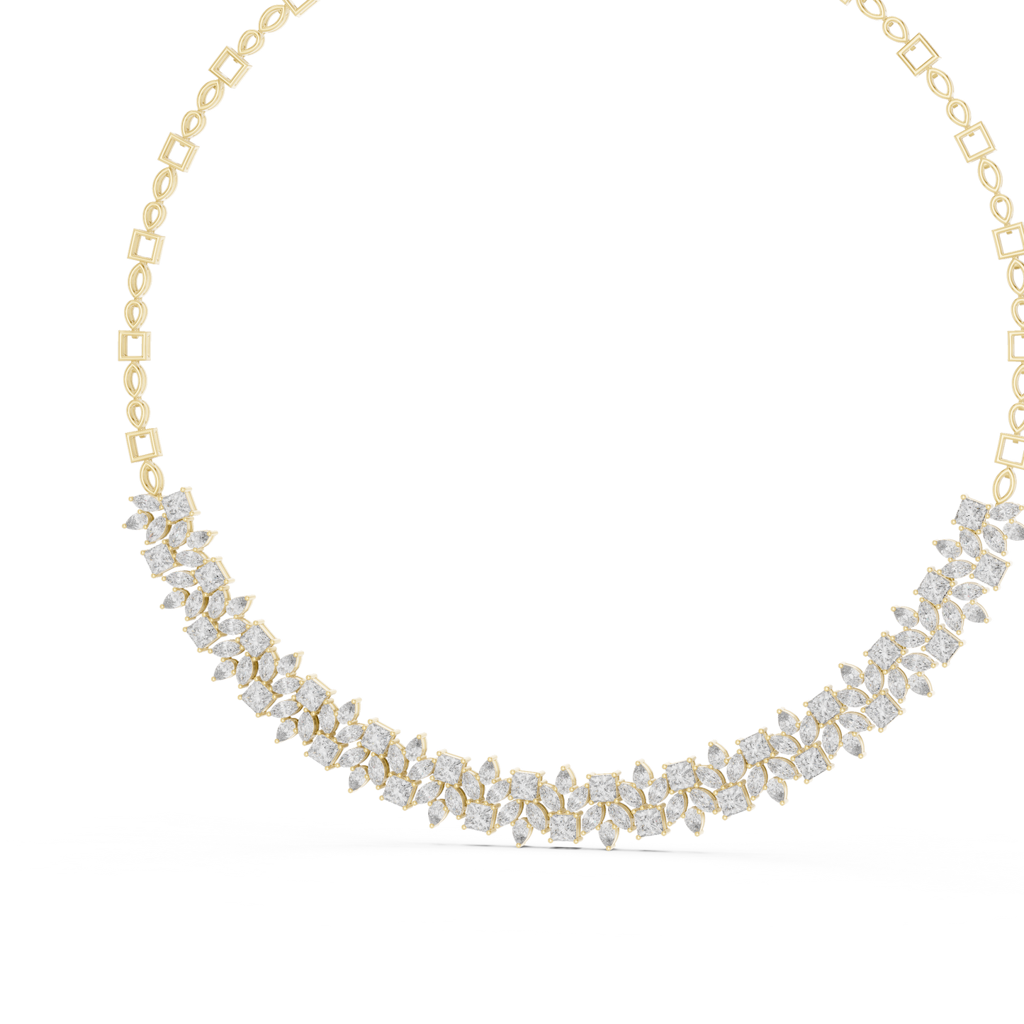 Rose gold diamond necklace featuring marquise and princess-cut stones in an elegant floral-inspired design.