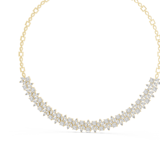 Rose gold diamond necklace featuring marquise and princess-cut stones in an elegant floral-inspired design.