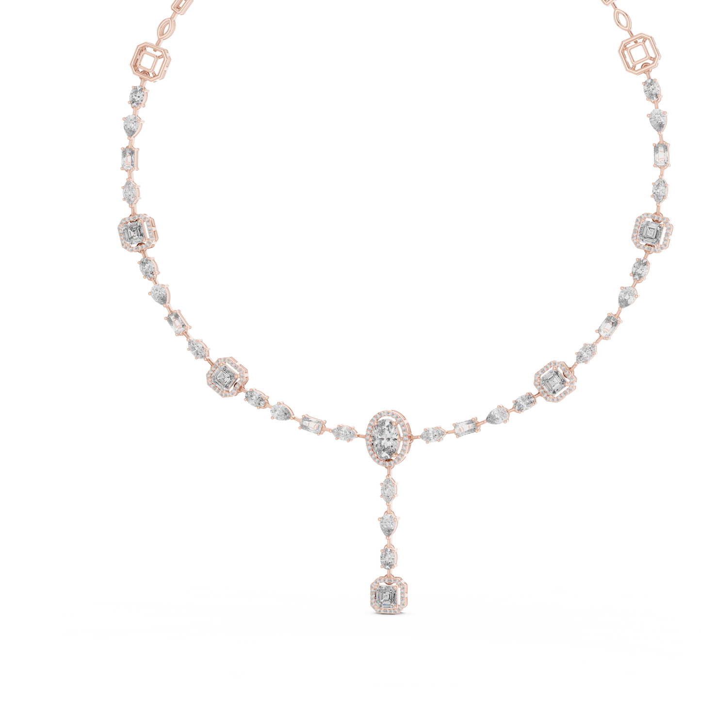 Rose gold diamond necklace featuring oval, pear, and emerald-cut diamonds with a halo drop pendant design.