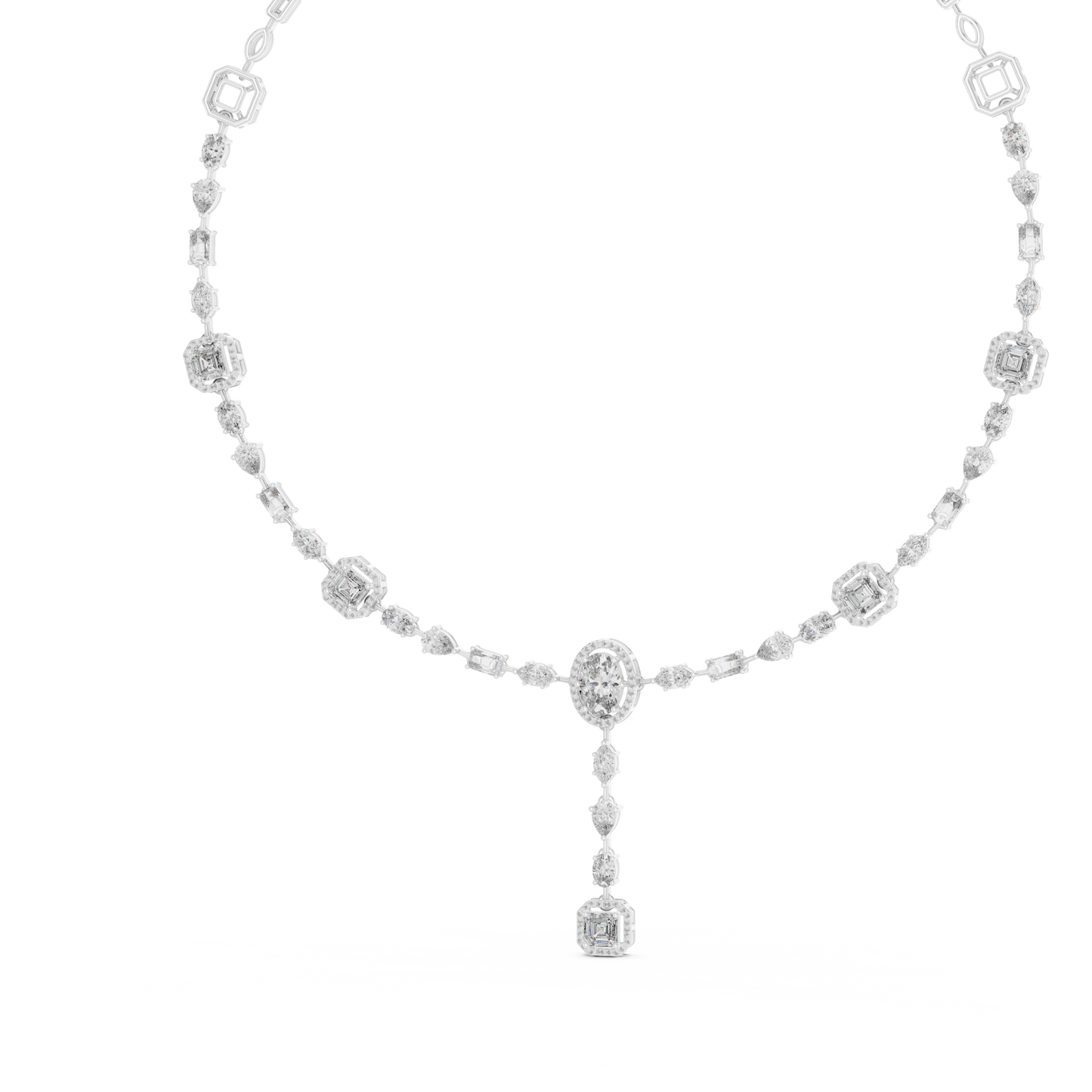 white gold diamond necklace featuring oval, pear, and emerald-cut diamonds with a halo drop pendant design.
