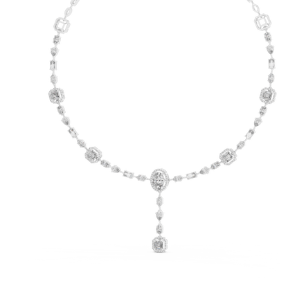 white gold diamond necklace featuring oval, pear, and emerald-cut diamonds with a halo drop pendant design.