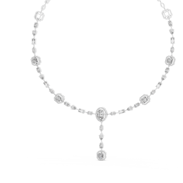 white gold diamond necklace featuring oval, pear, and emerald-cut diamonds with a halo drop pendant design.