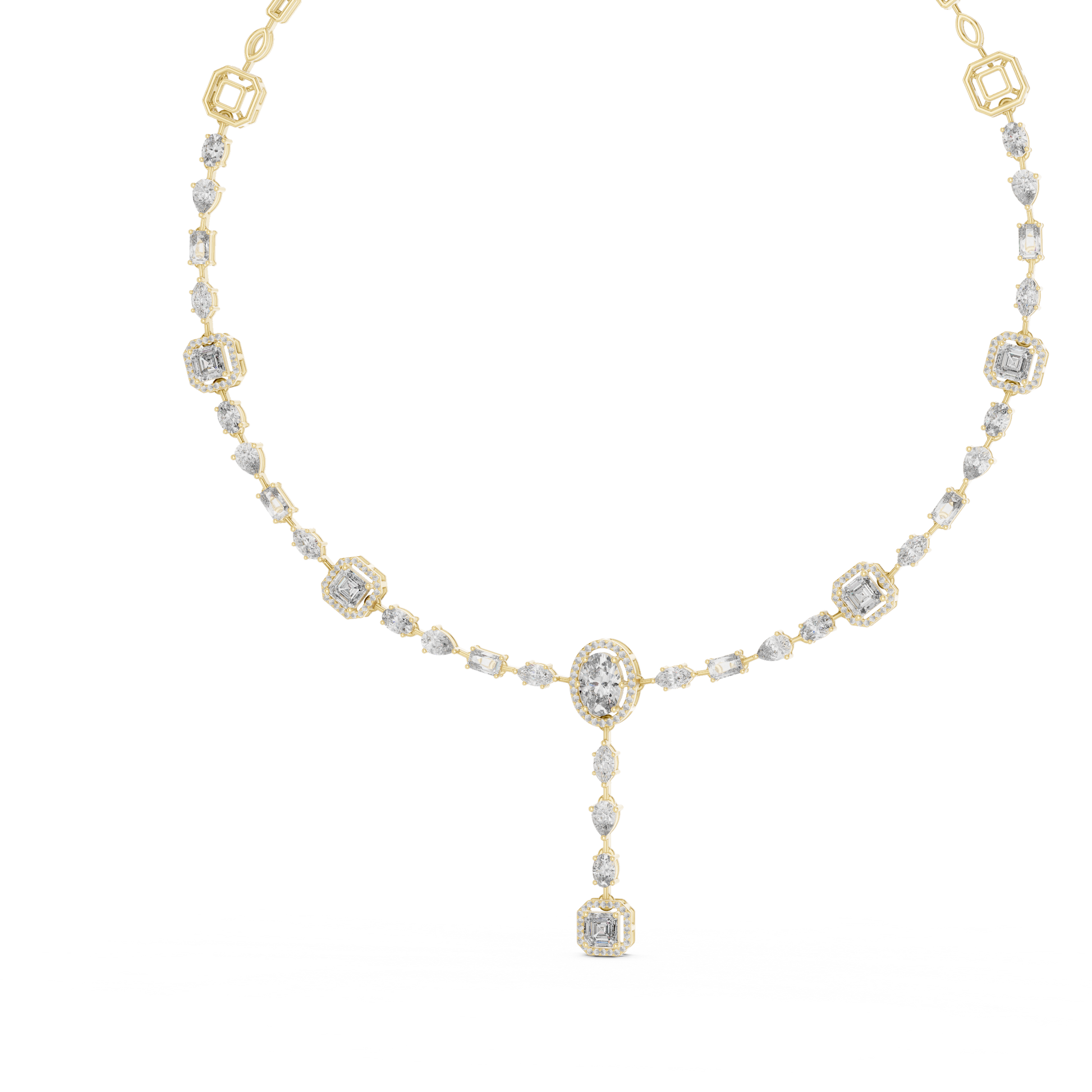 14K gold diamond necklace featuring oval, pear, and emerald-cut diamonds with a halo drop pendant design.