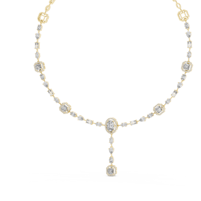 14K gold diamond necklace featuring oval, pear, and emerald-cut diamonds with a halo drop pendant design.