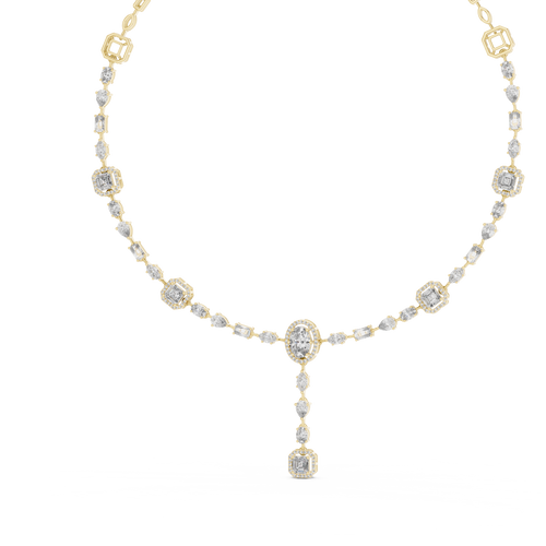 14K gold diamond necklace featuring oval, pear, and emerald-cut diamonds with a halo drop pendant design.