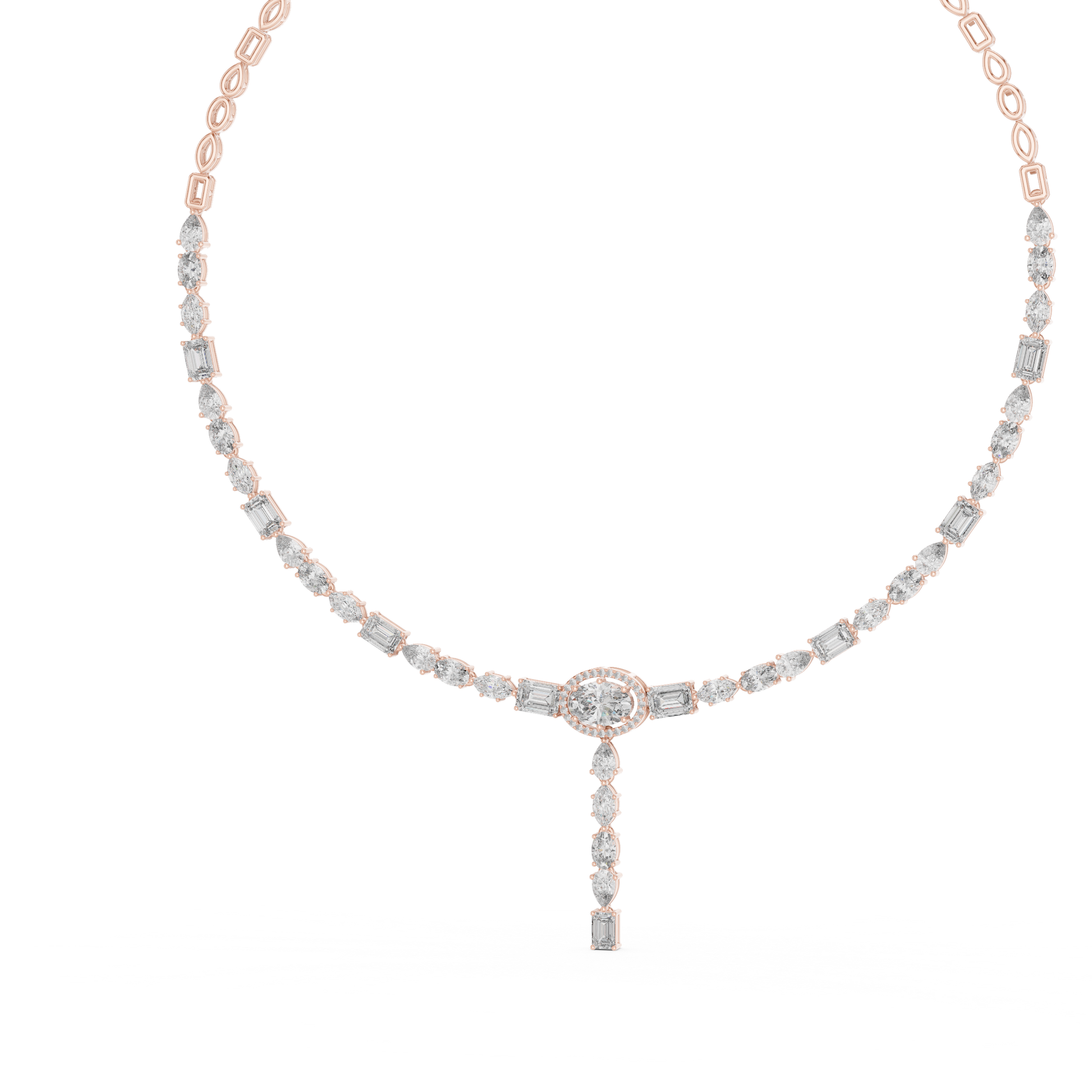 Rose gold diamond drop necklace featuring round, marquise, and emerald-cut diamonds in an elegant halo pendant design.